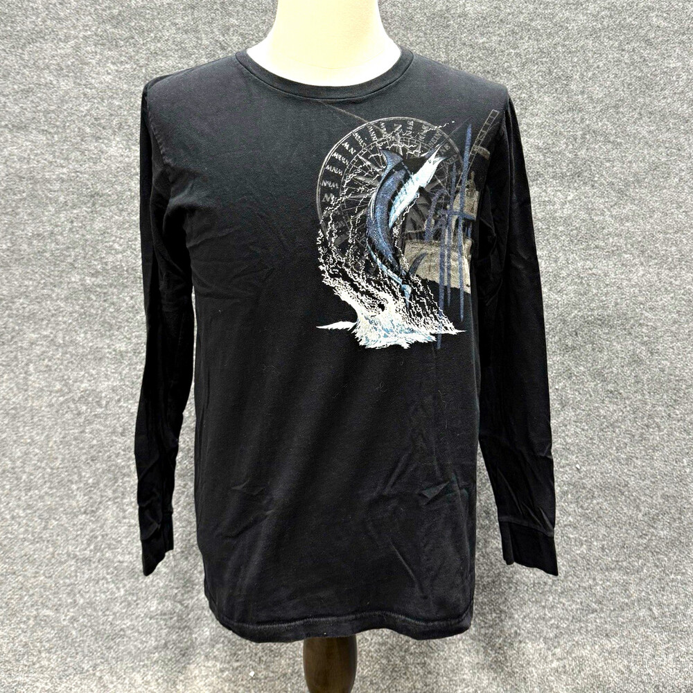 Guy Harvey Marlin Long Sleeve T Shirt Black Size M Fishing Graphic 100% Cotton